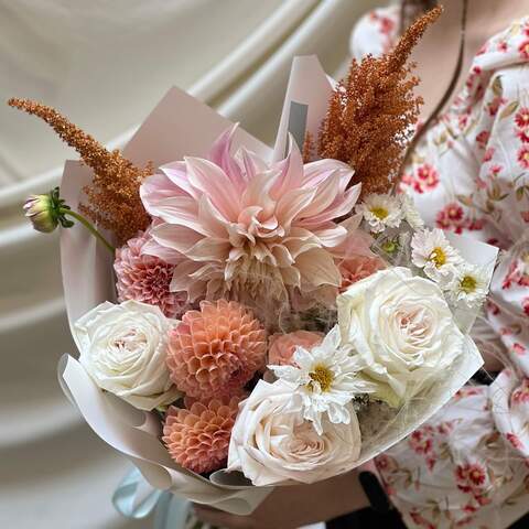 Delicate bouquet with peony roses «Cappuccino aroma», Flowers: Stipa, Amaranthus Dark, Cosmos, Pion-shaped rose, Dahlia, Dianthus