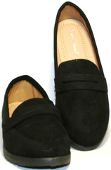 Черные туфли лоферы женские. Замшевые туфли на плоской подошве Comer Collection - Suede Black.