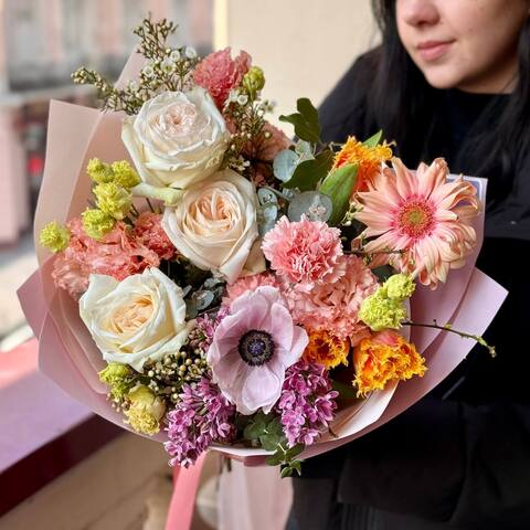 Bright bouquet with anemones and gerberas «Wings of Love», Flowers: Pion-shaped rose, Eustoma, Gerbera, Anemone, Syringa, Chamelaucium, Eucalyptus, Tulipa
