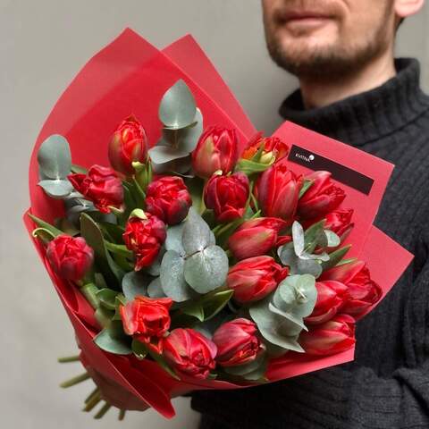 19 bright peony shaped tulips in a bouquet «Tulip Heat», Flowers: Eucalyptus, Tulip pion-shaped - 19 pcs.