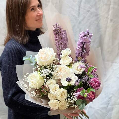 Bouquet «Lavender snowstorm», Flowers: Pion-shaped rose, Viburnum, Bush Rose, Clematis, Delphinium, Dianthus, Limonium, Eucalyptus, Anemone