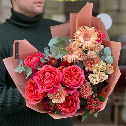Bright bouquet with peony roses and gerberas «Strawberry tea», Flowers: Pion-shaped rose, Gerbera, Skimmia, Tulipa, Dianthus, Bush Rose, Eucalyptus, Photinia
