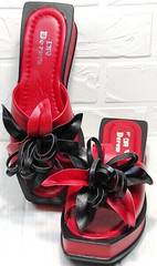 Квадратные шлепки босоножки женские кожаные Derem 042-921-02 Red Black.