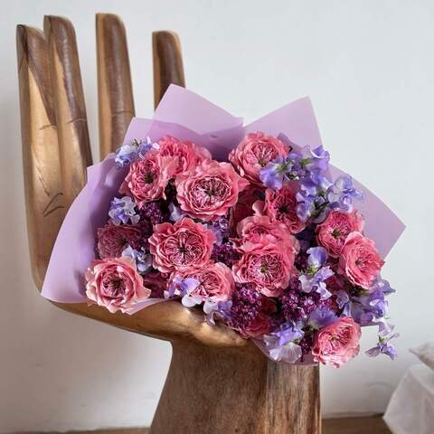 Photo of Exquisite bouquet of peony roses, latirus and lilacs «Cosy care»