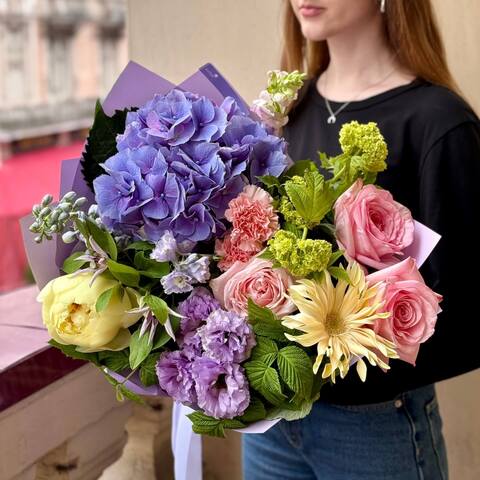 Sophisticated bouquet with peonies and gerberas «Stars over the fog», Flowers: Delphinium, Rubus Idaeus, Clematis, Antirinum, Pion-shaped rose, Hydrangea, Paeonia, Viburnum, Eustoma, Dianthus