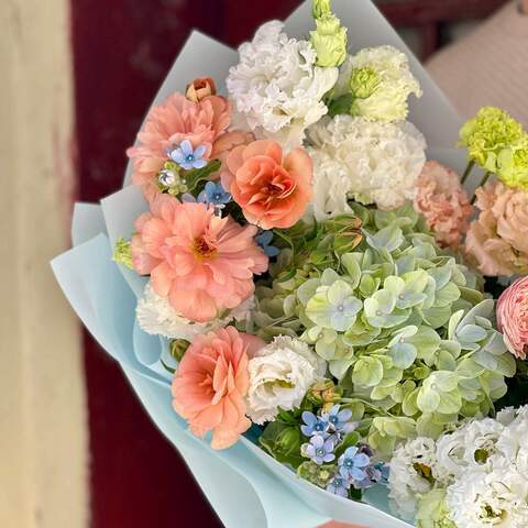 Photo of Pastel bouquet with hydrangeas and Butterfly ranunculi «Watercolor dreams»