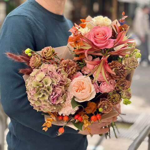 Autumn bouquet with hydrangea «Mysterious Garden», Flowers: Eustoma, Dianthus, Hippeastrum, Eucalyptus, Rosa, Hydrangea, Peony Spray Rose, Rose, Pion-shaped rose, Lagurus