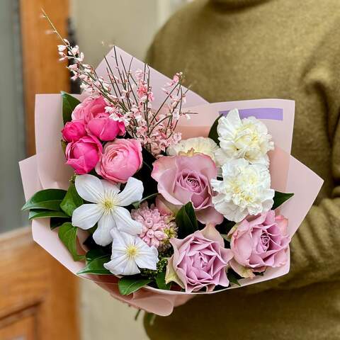 Delicate bouquet with spray peony roses and clematis «Romantic Kiss», Flowers: Peony Spray Rose, Clematis, Rose, Genista, Dianthus, Hyacinthus