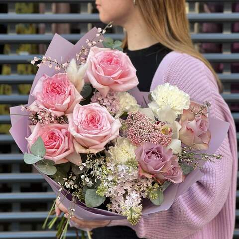 Bouquet «Pink bird», Flowers: Pion-shaped rose, Ozothamnus, Genista, Rose, Syringa, Eucalyptus, Dianthus, Cymbidium