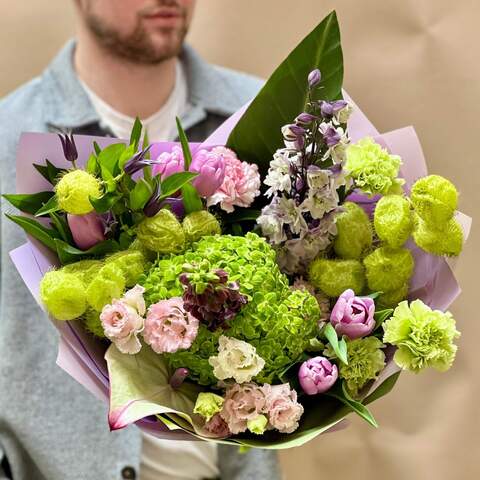 Bright bouquet with hydrangeas and tulips «Spring charms», Flowers: Hydrangea, Tulipa, Dianthus, Fritillaria, Delphinium, Asclepias, Clematis, Eustoma, Anthurium
