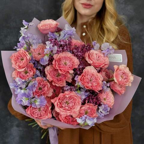 Photo of Exquisite bouquet of peony roses, latirus and lilacs «Cosy care»