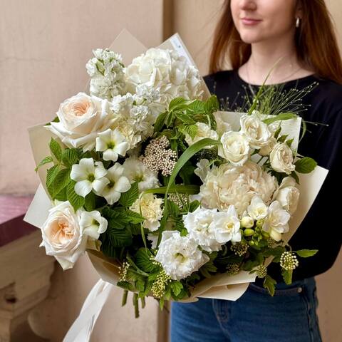 Fantastic bouquet «White swan», Flowers: Panicum, Ozothamnus, Dianthus, Hydrangea, Freesia, Pion-shaped rose, Paeonia, Eustoma