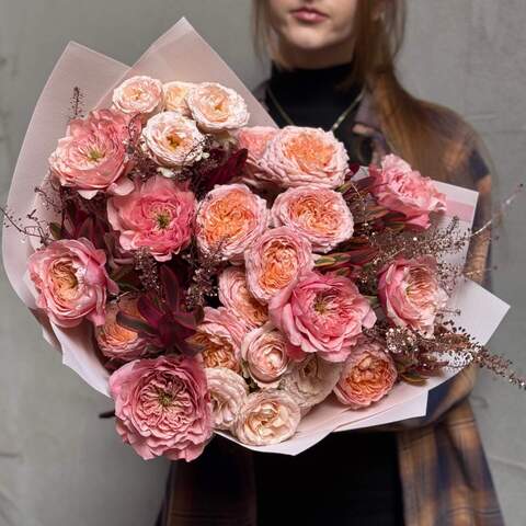 Lacy peachy bouquet with peony roses «Copper Pattern», Flowers: Pion-shaped rose of Mikoto variety, Leucadendron, Thlaspi, Peony Spray Rose of Darlington & Juliet varieties