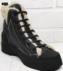 Женские зимние ботинки кеды черные. Кожаные кеды на меху. Высокие кеды ботинки осень зима Phany Black.