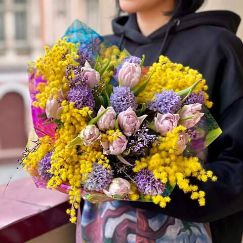 Fragrant bouquet with mimosa and hyacinths «Aromatic flower», Flowers: Tulipa, Hyacinthus, Mimosa, Genista
