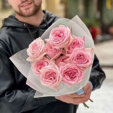 Fragrant mono bouquet of 9 Pink Oʼhara peony roses «French perfumes», Flowers: Pion-shaped rose, 9 pcs.