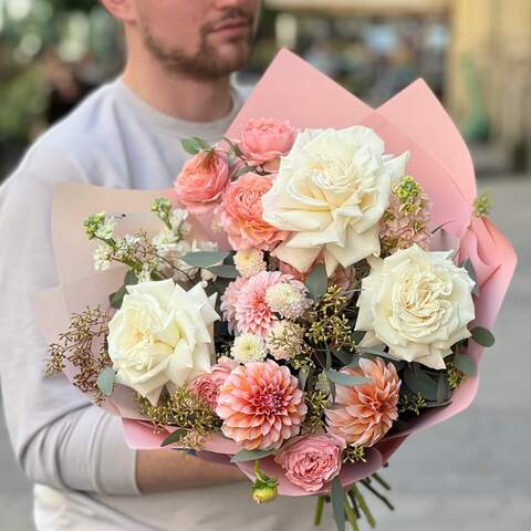 Bouquet «Pearls of Lviv», Flowers: Rose, Dahlia, Matthiola, Chrysanthemum, Eucalyptus