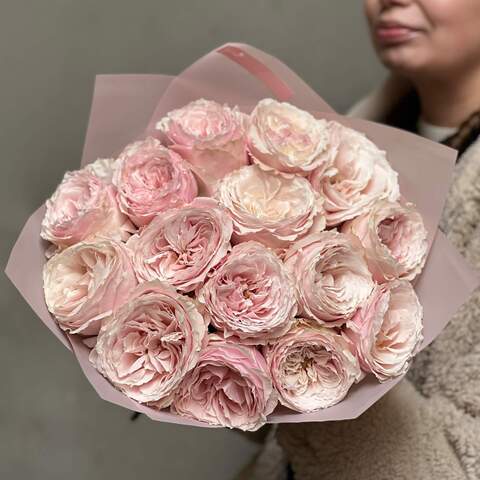 15 Tsumugi peony roses in a bouquet «Japanese Princess», Flowers: Pion-shaped rose of Tsumugi variety, 15 pcs.