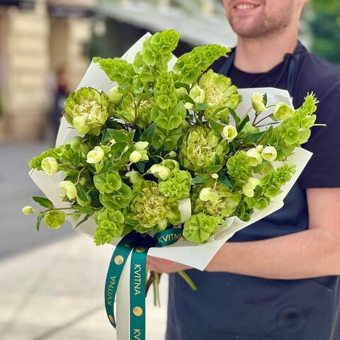 Green bouquet with peony roses «Summer Meadow», Flowers: Pion-shaped rose, Helleborus, Molucella