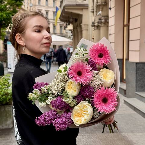 Photo of Delicate bouquet with pink gerberas «Sweet Embrace»