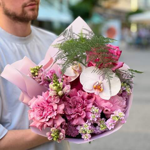 Bouquet «Pink reflection», Flowers: Pion-shaped rose, Phalaenopsis, Achillea, Antirinum, Asparagus, Matthiola