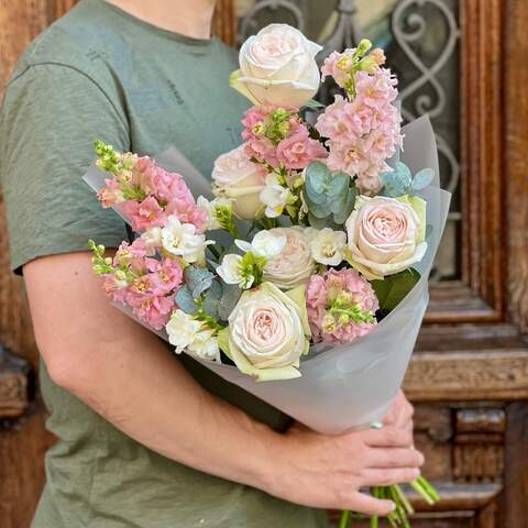 Delicate bouquet with peony roses and antirrhinum «Ruddy July», Flowers: Antirinum, Freesia, Eucalyptus, Pion-shaped rose