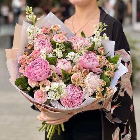 Fluffy bouquet with peonies and matthiola «Raspberry Atlas», Flowers: Rubus Idaeus, Matthiola, Paeonia, Peony Spray Rose