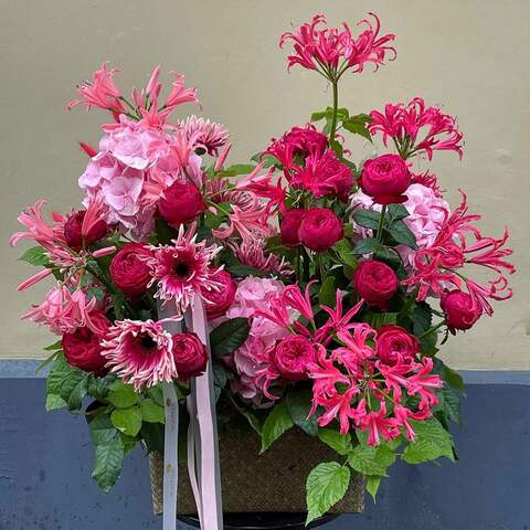 Basket with flowers «P.S. I Love You», Flowers: Pion-shaped rose, Hydrangea, Merine, Gerbera
