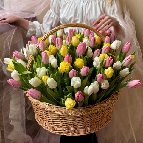 Photo of Romantic basket of juicy tulips mix «Spring Dawns»