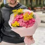Photo of Bright bouquet of Silva Pink spray peony roses and mimosa «Spring cocktail»