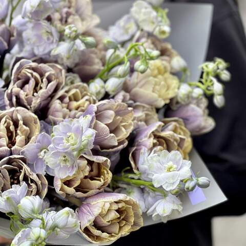 Photo of Bouquet with Vip Roses tulips and delphinium «Magical constellation»