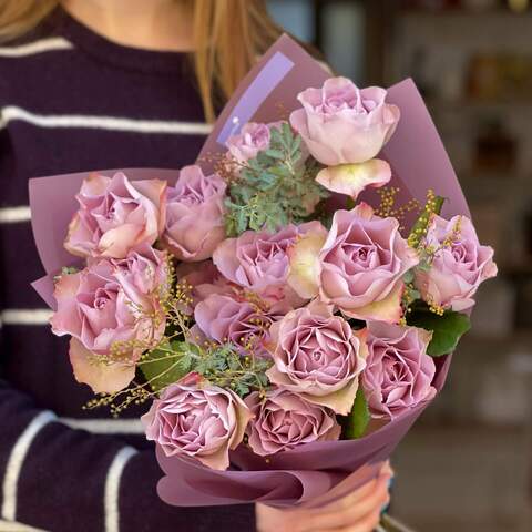 Bouquet in lilac shades of roses and mimosa «Tiny petal», Flowers: Roses - 15 pcs., Mimosa