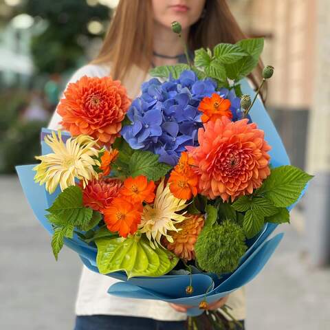 Bouquet «Multicolored Natalie», Flowers: Dahlia, Hydrangea, Gerbera, Anthurium, Rubus Idaeus, Papaver, Dianthus Barbatus