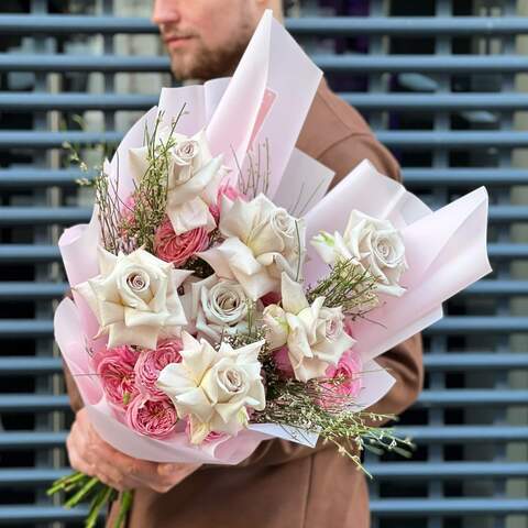 Bouquet «Dawn blush», Flowers: Rose, Pion-shaped bush rose, Genista