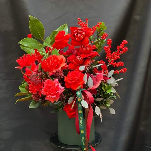 Flower Box with  «Holiday Mood», Flowers: Rose, Hippeastrum, Magnolia, Ilex, Anthurium, Skimmia, Gerbera
