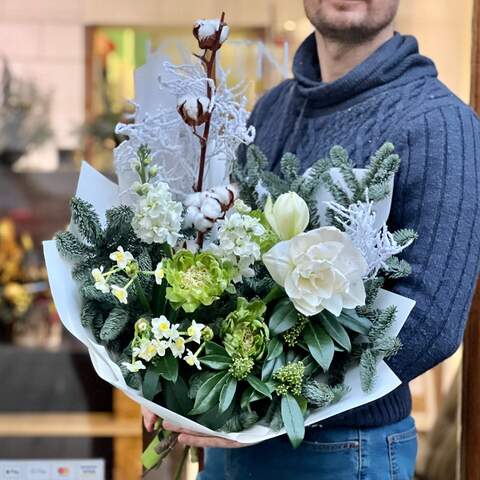 Atmospheric winter bouquet with white amaryllis and gossypium «Breath of spring», Flowers: Pion-shaped rose, Hippeastrum, Nobilis, Narcissus, Gossypium, Matthiola, Skimmia, Snowy twigs