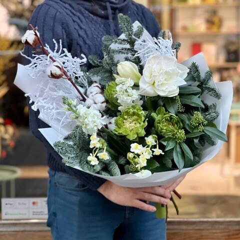 Photo of Atmospheric winter bouquet with white amaryllis and gossypium «Breath of spring»