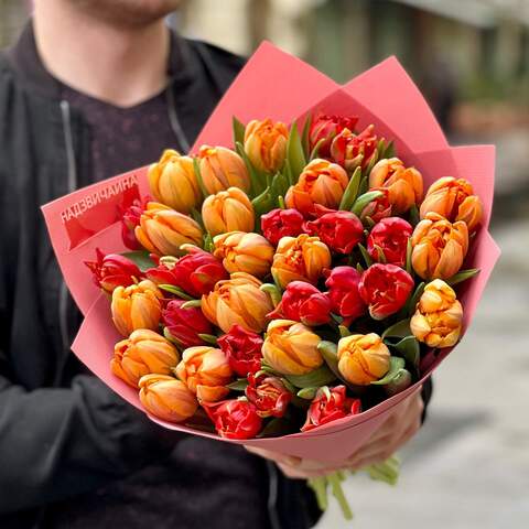 Bright bouquet of 37 peony-shaped tulips «Spark of feelings», Flowers: Tulip pion-shaped, 37 pcs. 
