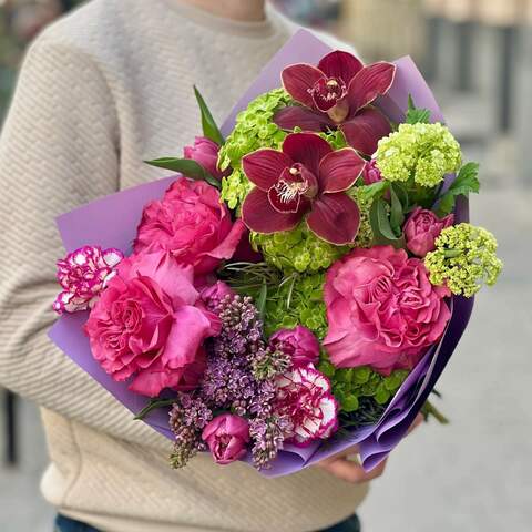 Bright bouquet with hydrangea and cymbidium «Purple Love», Flowers: Viburnum, Hydrangea, Cymbidium, Syringa, Pion-shaped rose, Tulipa, Dianthus