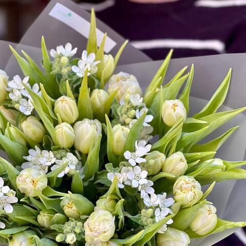 Photo of Light spring bouquet of tulips and oxypetalum «Pearls for Tetyana»