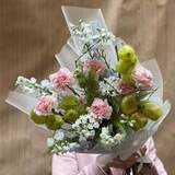 Photo of Unusual bouquet with dianthus and delphinium «Stylish Spring»