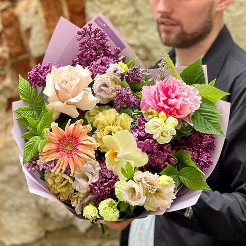 Bouquet «Congratulations, Irynka!», Flowers: Paeonia, Gerbera, Eustoma, Syringa, Phalaenopsis, Dianthus, Raspberry twigs