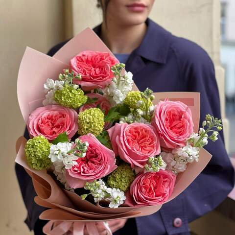 Bouquet «Moment of happiness», Flowers: Pion-shaped rose, Viburnum, Matthiola