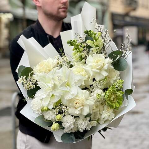 Luxurious bouquet with amaryllis and eustoma «Fantastic morning», Flowers: Eustoma, Hippeastrum, Pion-shaped rose, Syringa, Chamelaucium, Antirinum, Eucalyptus, Genista, Hydrangea
