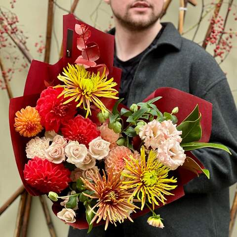 Bright bouquet with Safina chrysanthemum «Flame evening», Flowers: Eustoma, Bush Rose, Magnolia, Helleborus, Safina Chrysanthemum, Eucalyptus, Dianthus, Dahlia