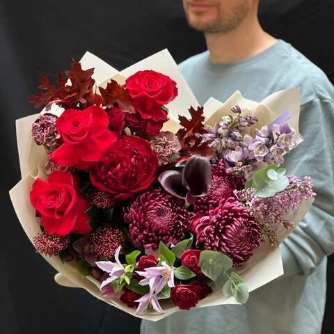Bouquet «Lviv evening», Flowers: Paeonia, Chrysanthemum, Clematis, Zantedeschia, Rose, Delphinium, Syringa, Quercus, Dianthus, Skimmia, Bush Rose