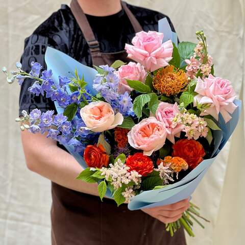 Bouquet «Colorful happiness», Flowers: Pion-shaped rose, Delphinium, Ranunculus, Matthiola, Leucospermum, Astilbe, Raspberry twigs