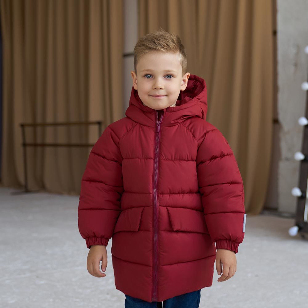 Дитяча подовжена зимова куртка в бордовому кольорі для хлопчика