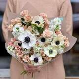 Photo of Pastel bouquet with anemones and spray roses «Coffee froth»