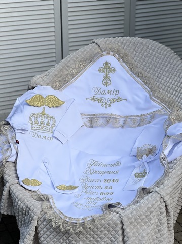Летний комплект на крестины с именной вышивкой (любое имя) белый с золотом